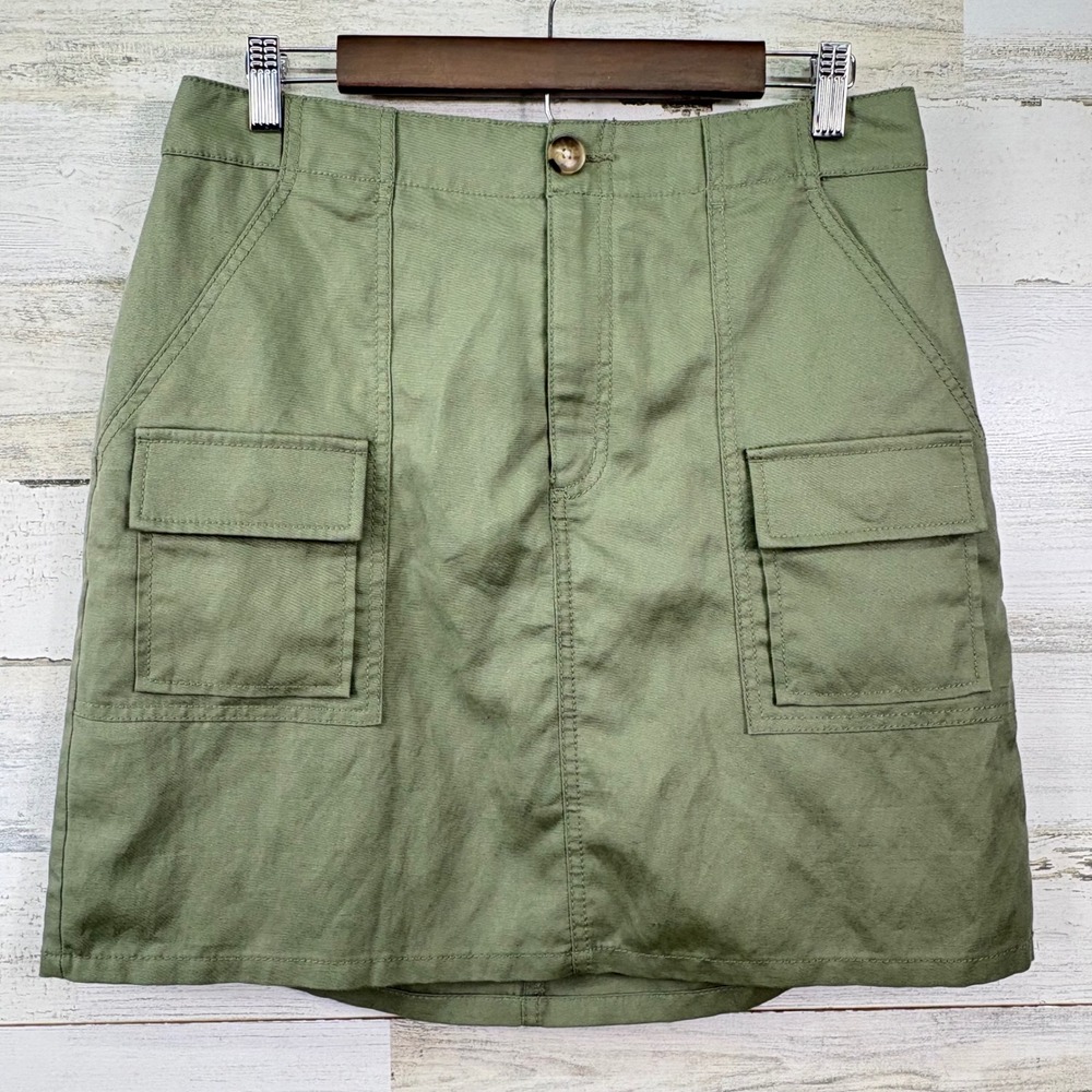 LOFT Cargo Mini Skirt Women 8T Olive Green Utility Linen Blend Chic Granola